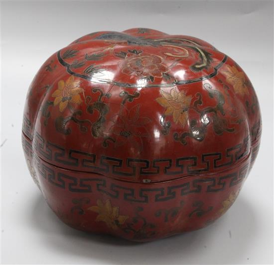 A Chinese lacquer pumpkin shaped box and cover H.20cm